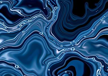 Abstract flowing liquid texture in deep blue with water droplets and fluid marble waves – Textura líquida fluida abstracta en azul profundo con gotas de agua y ondas tipo mármol
