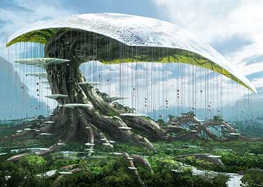 Futuristic Tree Structure in Lush Landscape