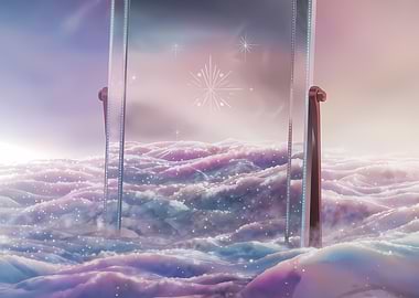 Mystical portal floating in dreamy pastel clouds with glowing stars and cosmic light – Portal místico flotando entre nubes en tonos pastel con estrellas brillantes y luz cósmica