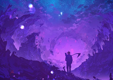 Purple Landscape with Boy and a Cat