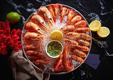 Shrimp platter with ice and sauce