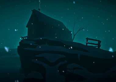 Winter Cabin on Snowy Cliff