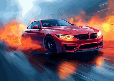 Red BMW M4 drifting with fire
