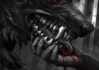 Wolf with bloody hand in mouth