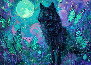 Wolf and Butterflies Moonlight