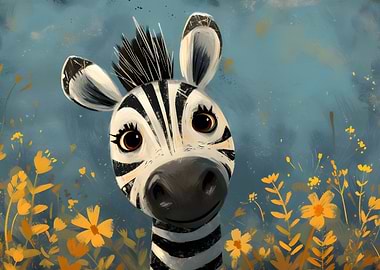 Cute Zebra Portrait with Yellow Flowers