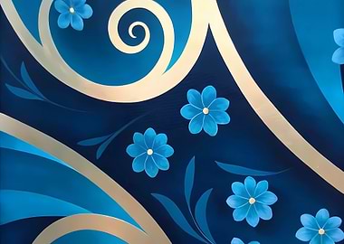 Blue Floral Abstract with Gold Swirls