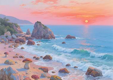 Mushroom Beach Sunset Painting