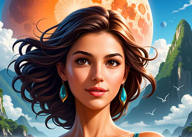 Dreamy Portrait with Moon and Landscape