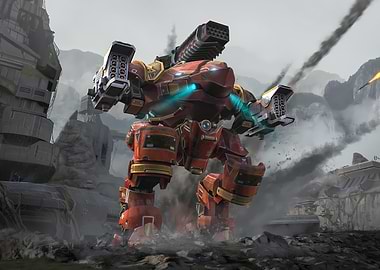 Red Mech Warrior in Battle Scene