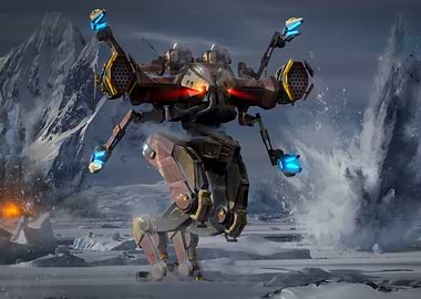 Futuristic Mech in Snowy Landscape