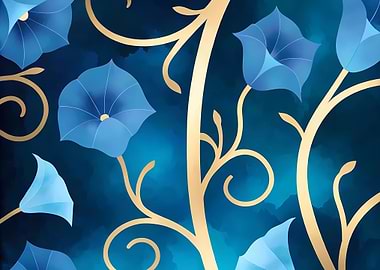 Blue Flowers and Golden Vines Pattern