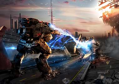 Mech Battle in a Futuristic City
