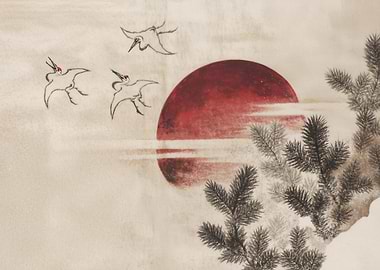 Cranes Flying Near Red Sun Painting