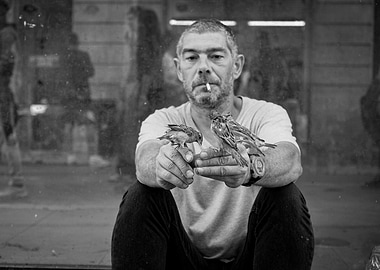 Man with Sparrows, Black and White