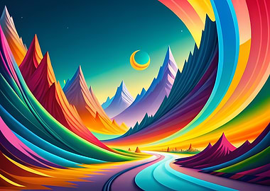 Colorful Mountain Landscape with Crescent Moon