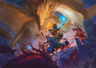 D&D Golden Dragon vs. Adventurers in Landscape