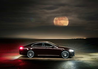 Maroon Car Under Full Moon