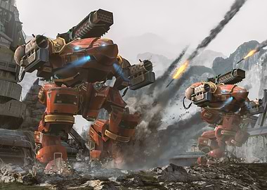 Two Red Mechs in Battle