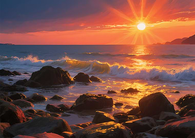 Sunset over rocky beach with waves