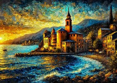 Coastal Town Painting at Sunset