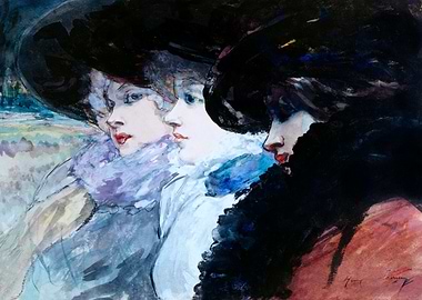 Three Women in Hats Painting