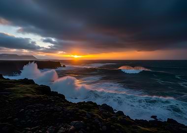 Dramatic Coastal Sunset in Iceland with Crashing Waves