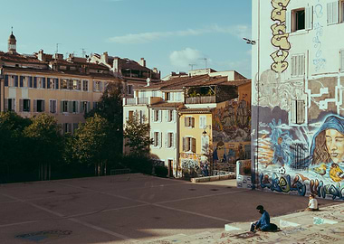 Marseilles street scene with graffiti art