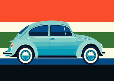 Vintage Blue Beetle Car Illustration
