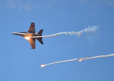Fighter Jet with Flares in Sky