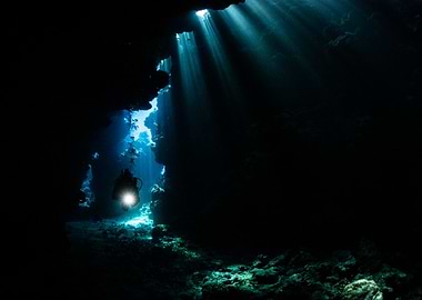 Diver in Underwater Cave with Light