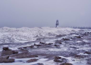Chicago Winter Beach Lighthouse Scene