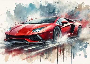 Lamborghini Aventador in Watercolor Art with full speed