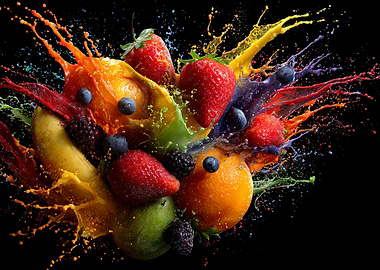 Colorful Fruit Explosion on Black Background