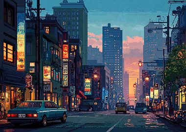 Pixel Art Cityscape at Dusk