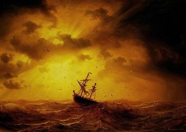 Ship in Stormy Seas Painting