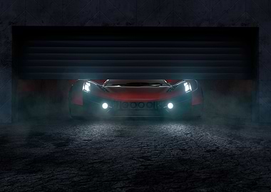 Red sports car in garage