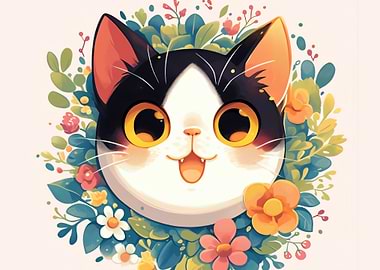 Cute Cat Surrounded by Flowers