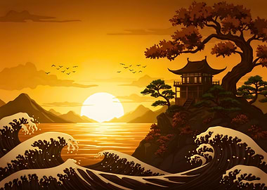 Japanese Temple Sunset Ocean Waves