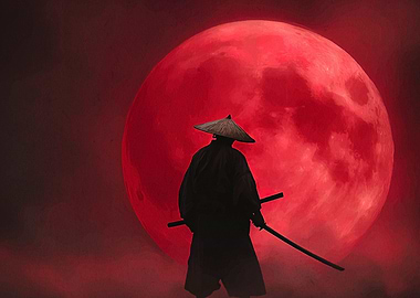 Samurai Silhouette Under Red Moon