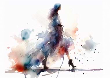 Watercolor Fashion Model in Flowing Dress