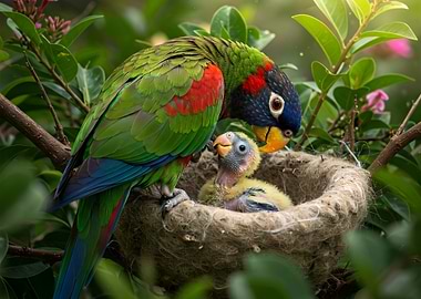 Parrot with chick in nest