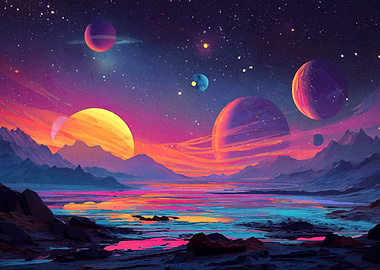 Colorful Space Landscape with Planets