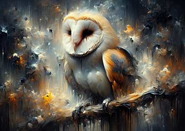 Abstract Painting - Barn Owl Perched on Branch