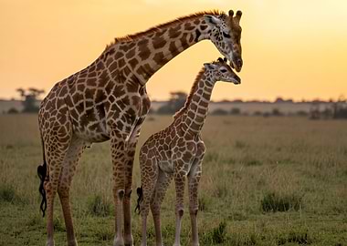 Giraffe mother and baby in savanna