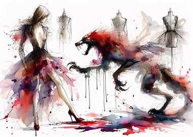 Beauty and the Beast - Fashion, Wolf, and Mannequins Watercolor Art