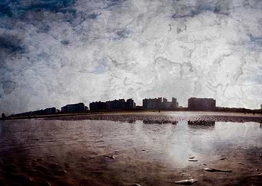 Textured sunlit Beachfront View with Reflections and Skyscraper Silhouettes