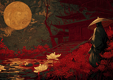 Japanese Temple, Moon, and Samurai