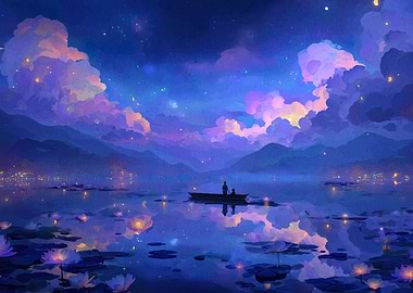 Night Lake with Boat and Lilies