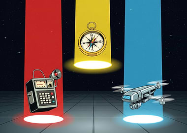 Three objects in colored light beams